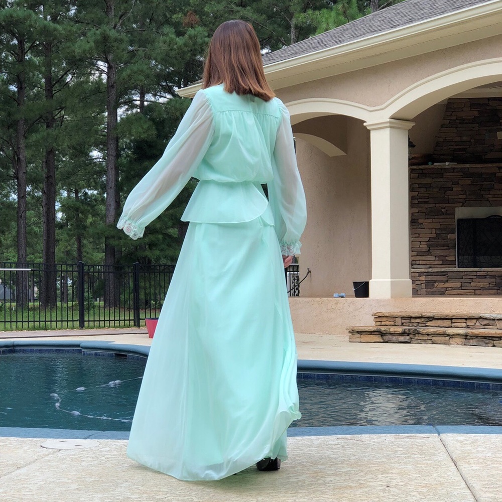 70s MINT BLUE FLOWY DRESS - Picture 3 of 4